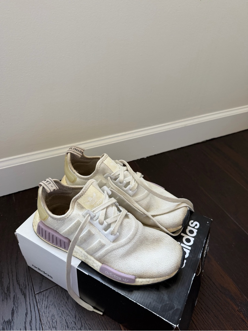 Women’s Adidas NMD R1 Boost Sneakers – White Beige Purple
